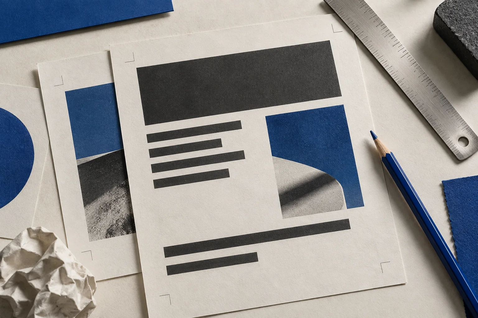 Papéis de revisão, régua e lápis azul em uma composição editorial