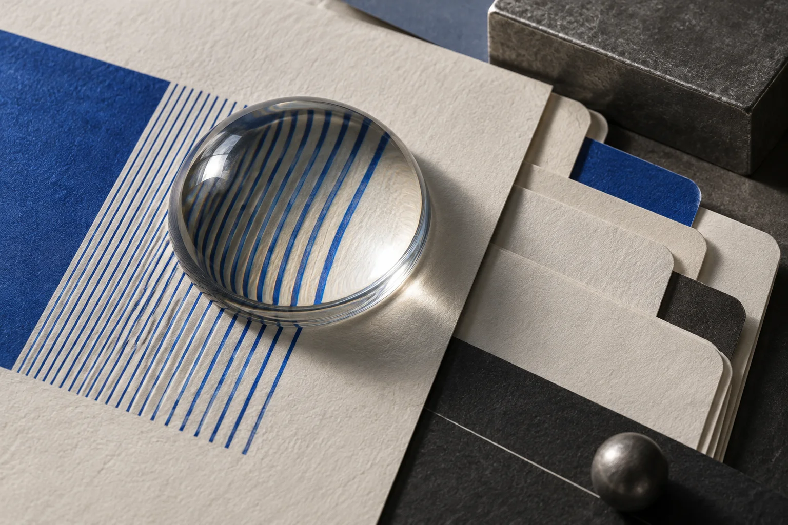 Lente de vidro sobre um índice de papel e linhas impressas em azul